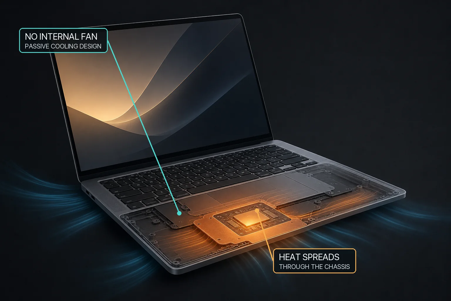 Conceptual fanless MacBook Air showing processor heat spreading passively through the chassis without an internal fan