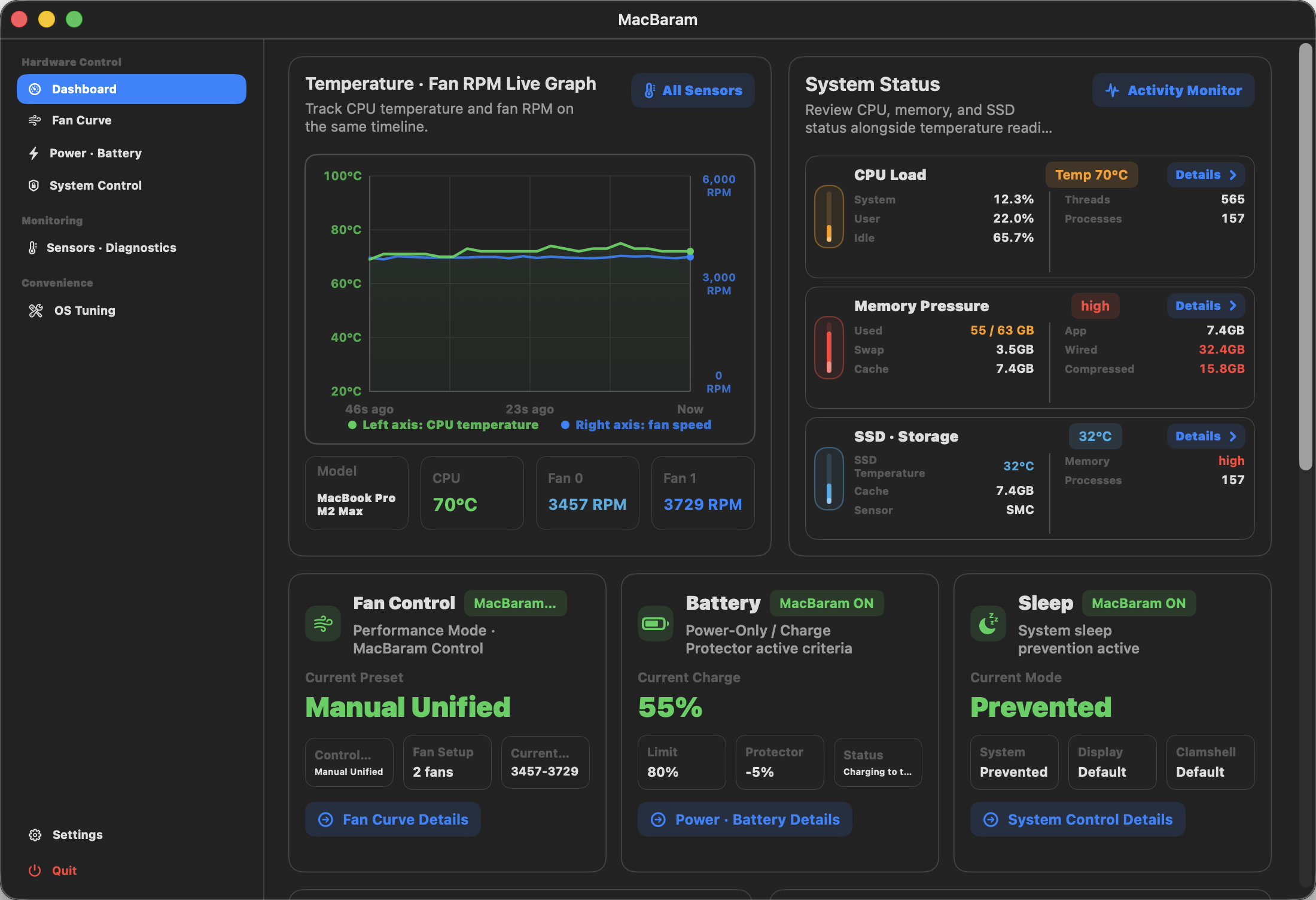 MacBaram dashboard showing fan, battery, and sleep controls